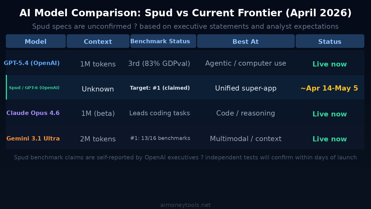 OpenAI Spud vs Claude Opus 4.6 vs Gemini 3.1 Ultra — model comparison table