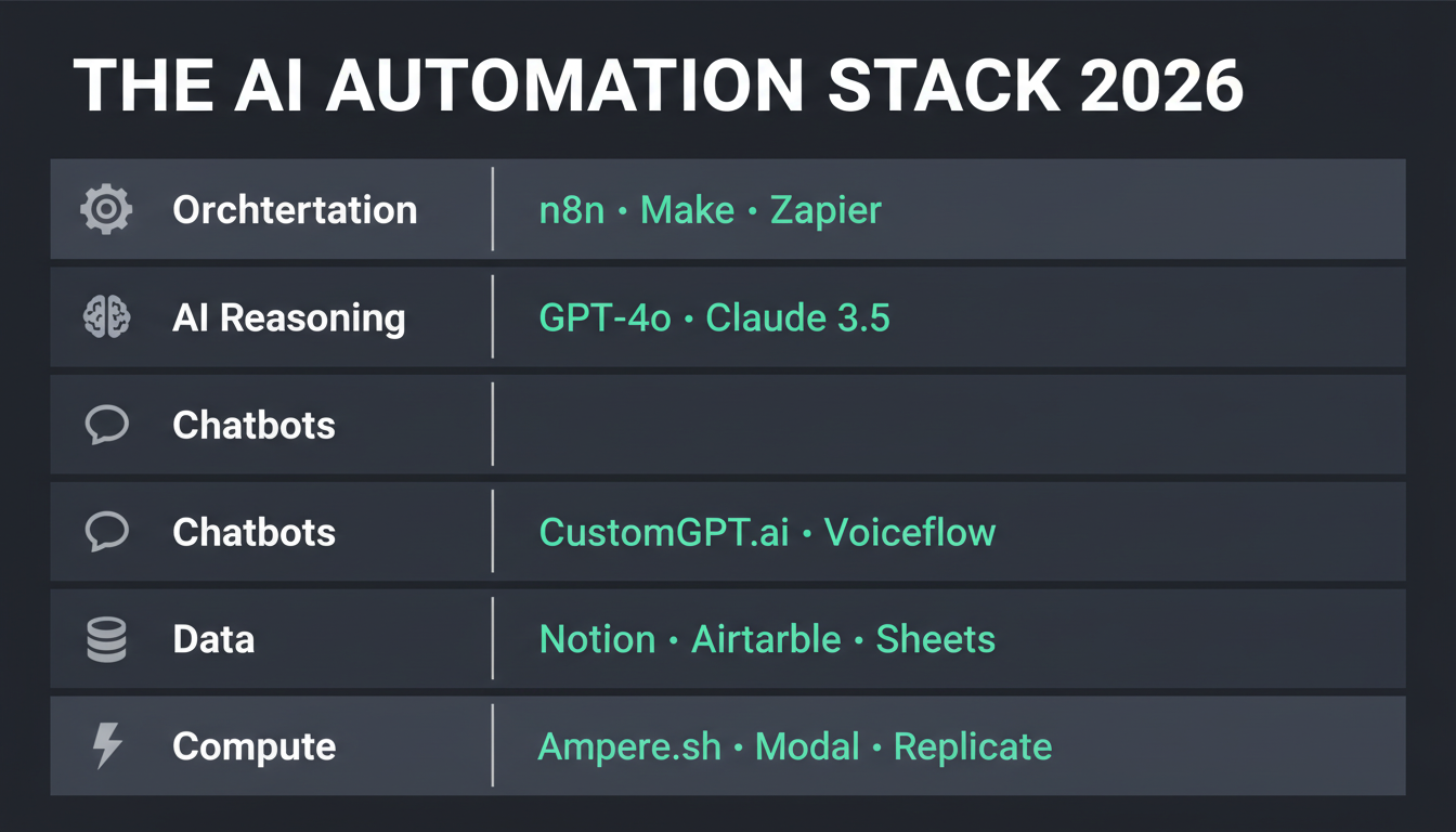 The AI automation tool stack 2026: orchestration, reasoning, chatbots, data, and compute layers
