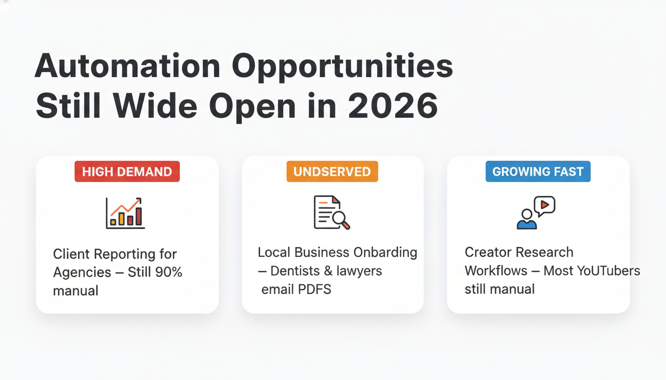 3 automation opportunities still wide open in 2026: agency reporting, local business onboarding, creator workflows