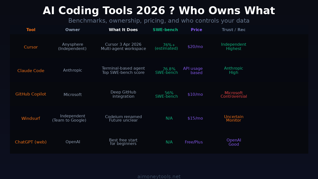 AI coding tools — who owns what and benchmark scores compared