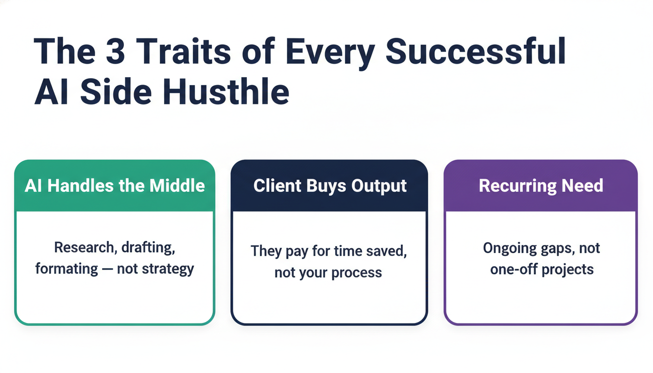 The 3 traits every successful AI side hustle shares: AI handles the middle layer, client buys the output, recurring need