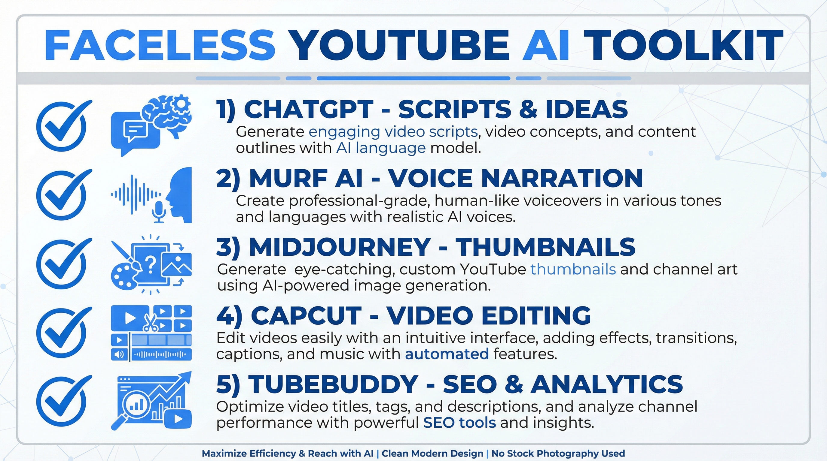 Faceless YouTube AI toolkit checklist — 5 essential tools