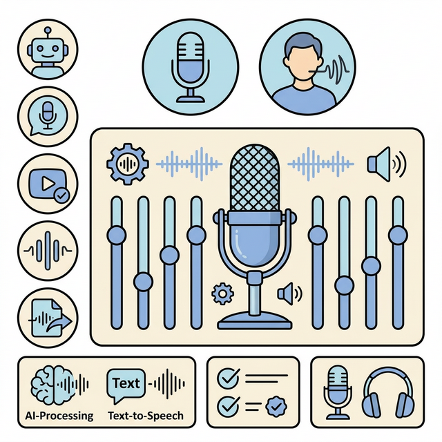 A detailed isometric render of an advanced AI audio generation setup, featuring a central microphone connecting to multiple mixing boards and soundwave visualizations.