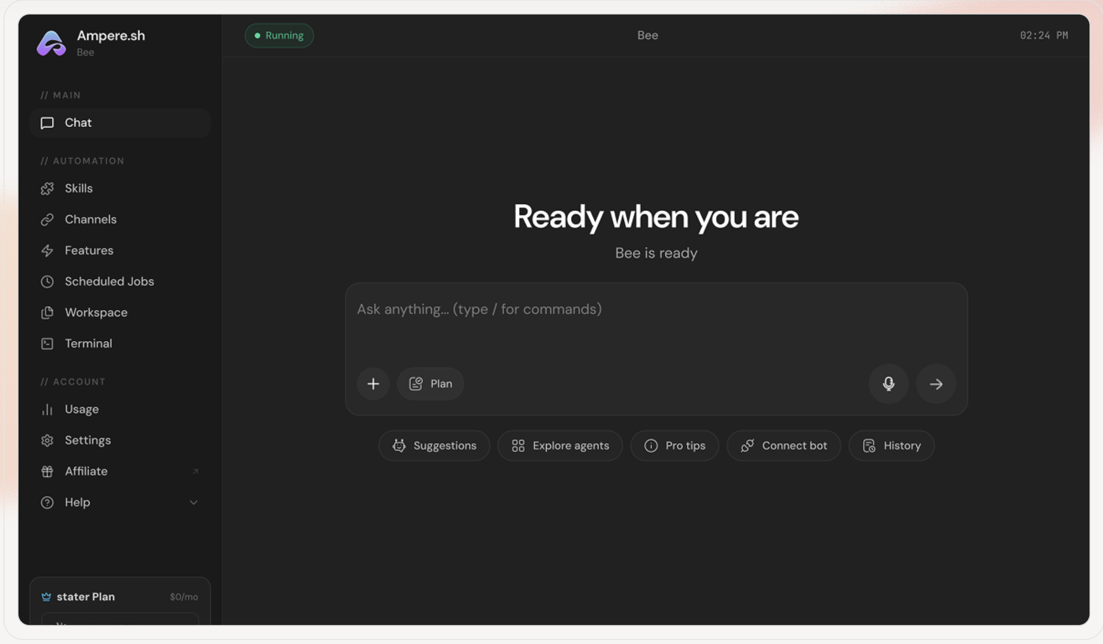 Ampere agent dashboard — chat interface, skills, scheduled jobs, workspace, and terminal