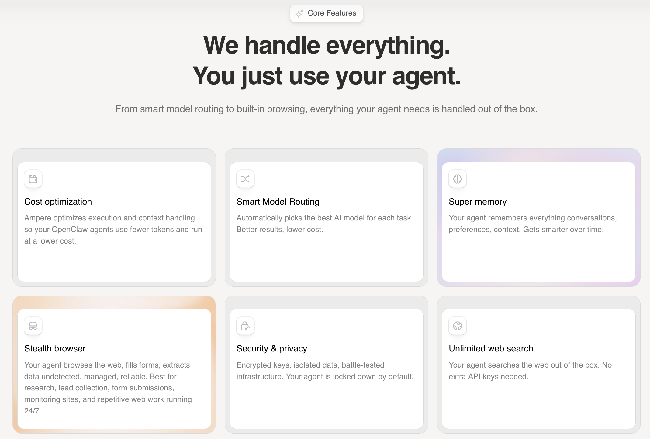 Ampere core features — cost optimization, smart model routing, super memory, stealth browser, security, and unlimited web search
