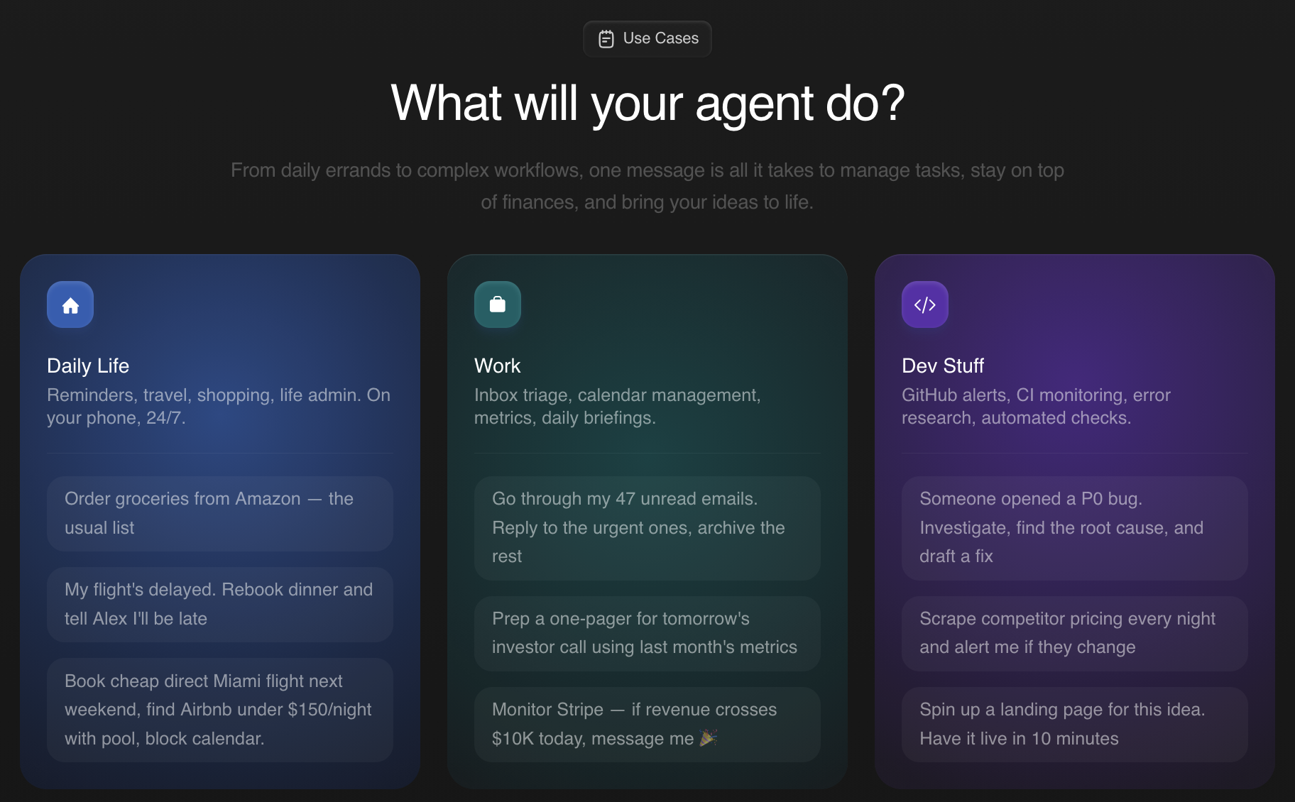 Ampere use cases — Daily Life, Work, and Dev tasks your agent handles for you