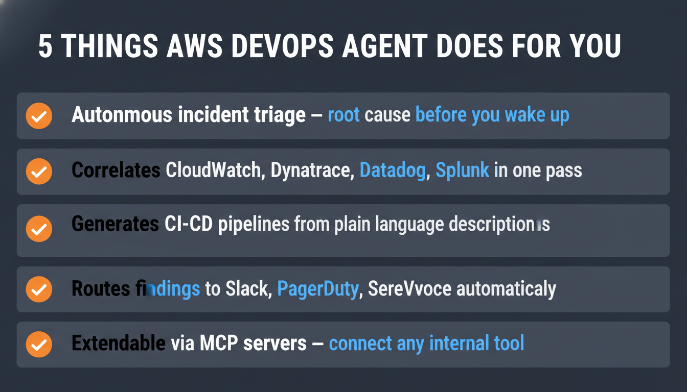 5 things AWS DevOps Agent does: autonomous incident triage, cross-tool correlation (CloudWatch/Datadog/Splunk/GitHub), Slack/PagerDuty routing, proactive recommendations, and MCP server extensibility