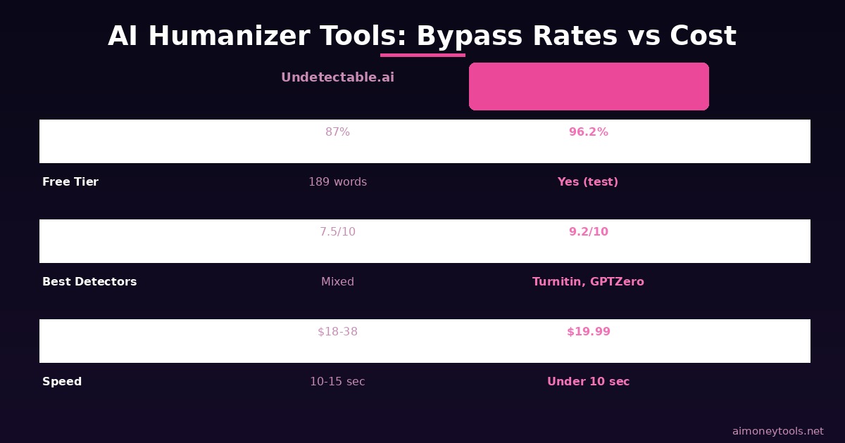 Bypass rates and pricing comparison: AI humanizer tools 2026
