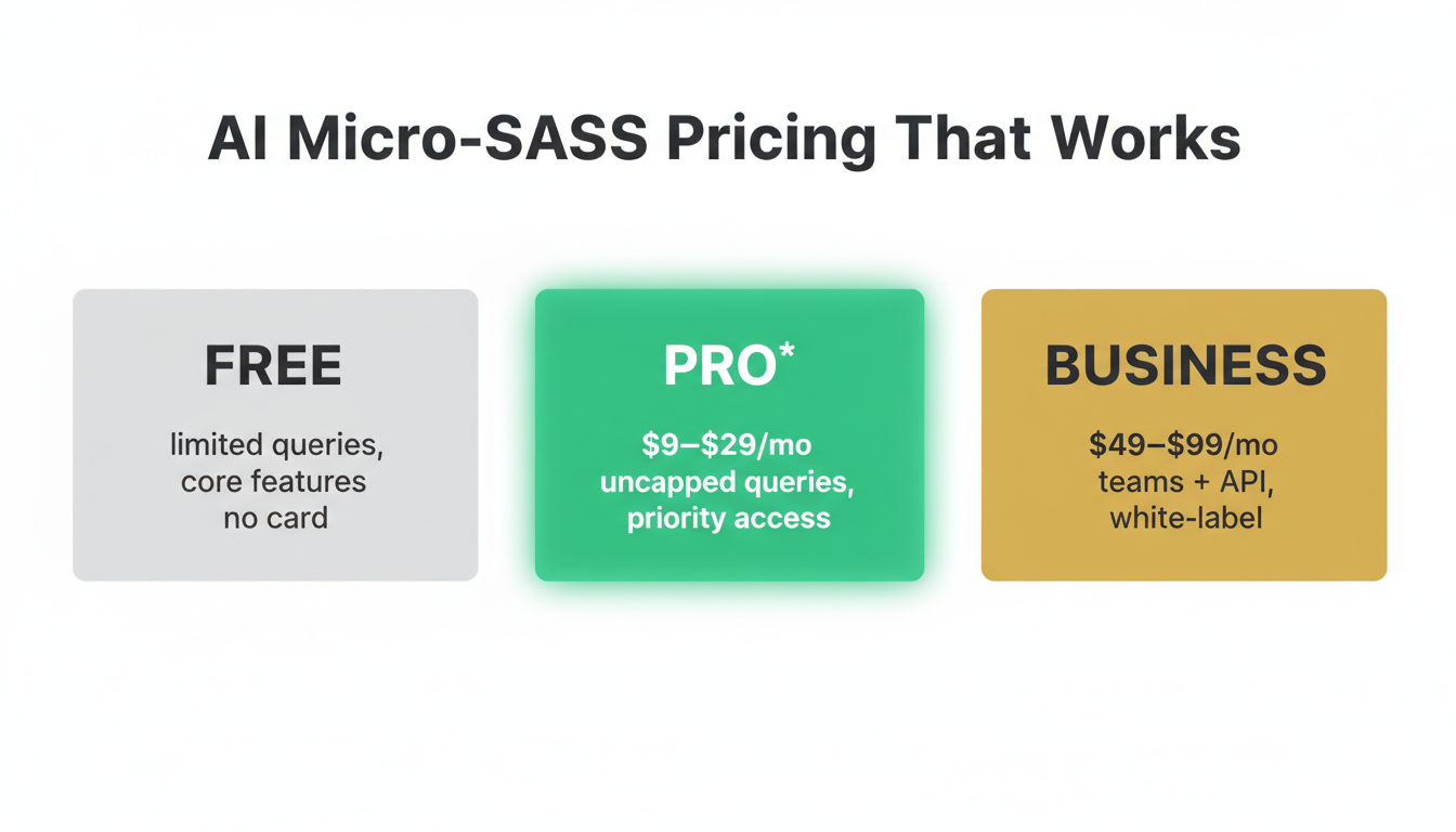 AI micro-SaaS pricing tiers that work: Free, Pro at $9–$29/mo, and Business at $49–$99/mo
