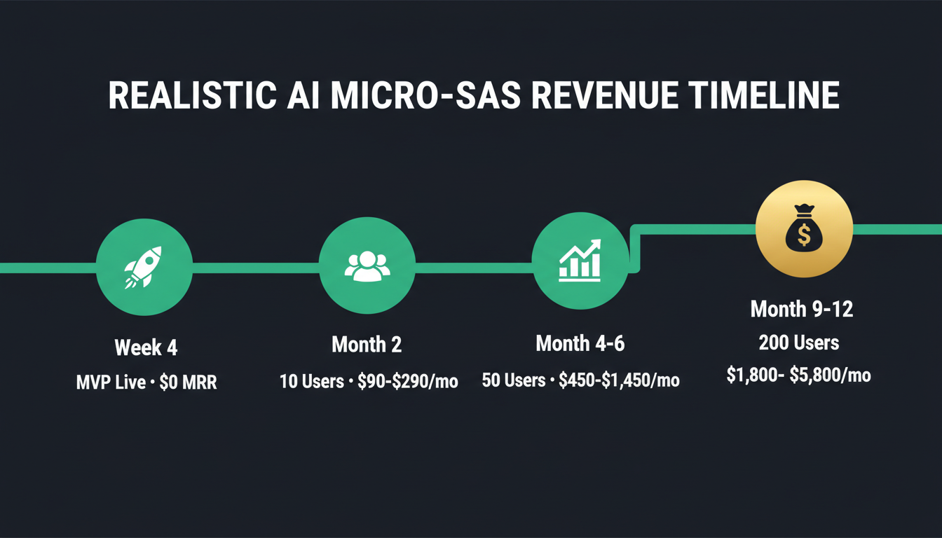 Realistic AI micro-SaaS revenue timeline: MVP at week 4, $290/mo at month 2, $1,450/mo at month 6, $5,800/mo at month 12