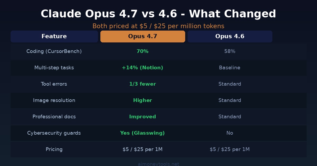 Claude Opus 4.7 vs 4.6 comparison — benchmarks, features, pricing