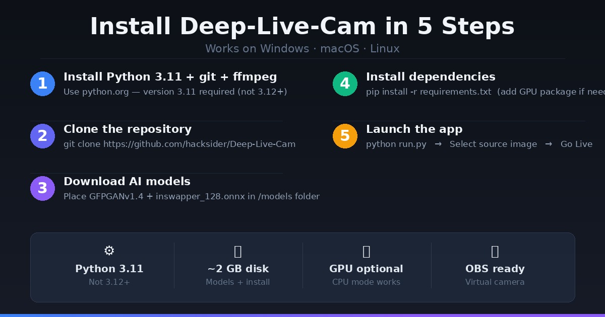 Deep-Live-Cam 5-step installation flow