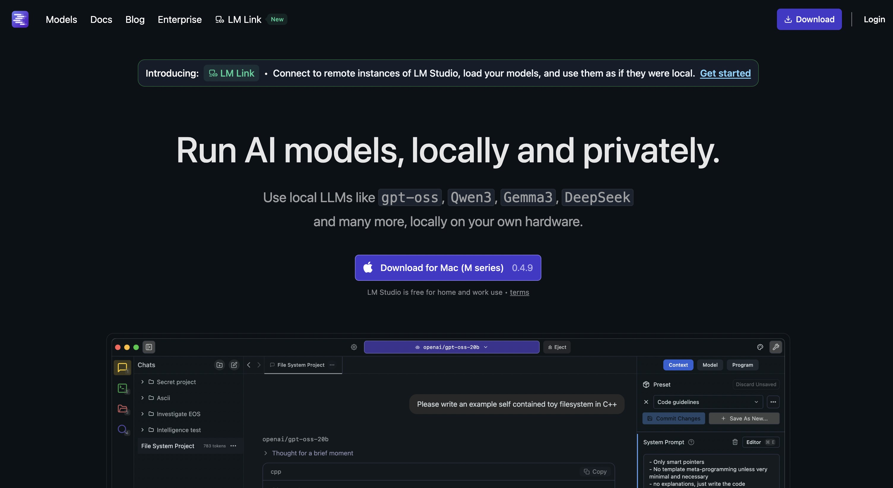 LM Studio website showing the Mac download button