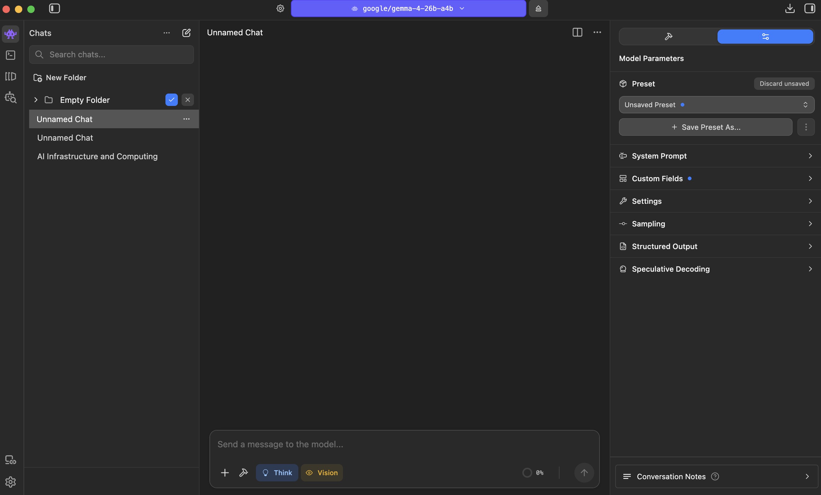 LM Studio chat window with Gemma 4 loaded and ready