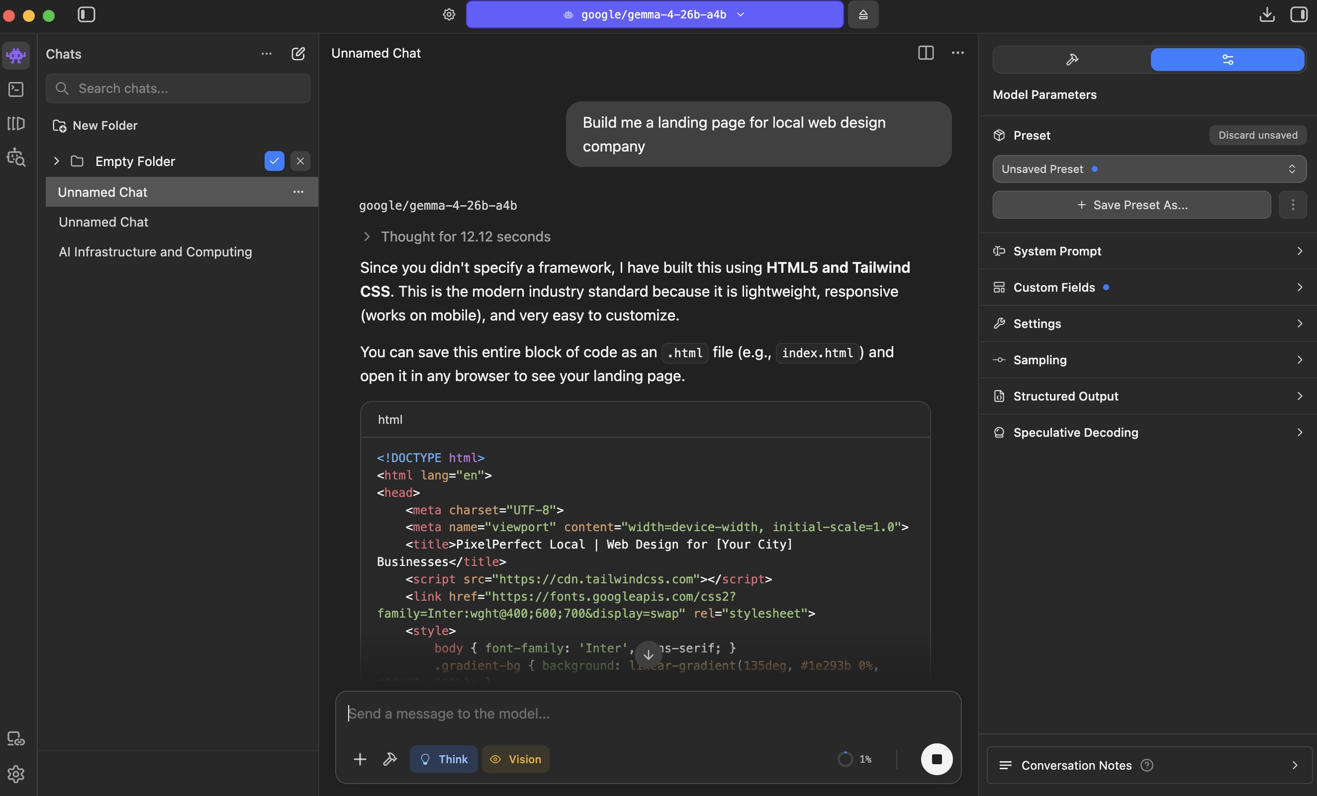 Gemma 4 answering a question about building a landing page in LM Studio