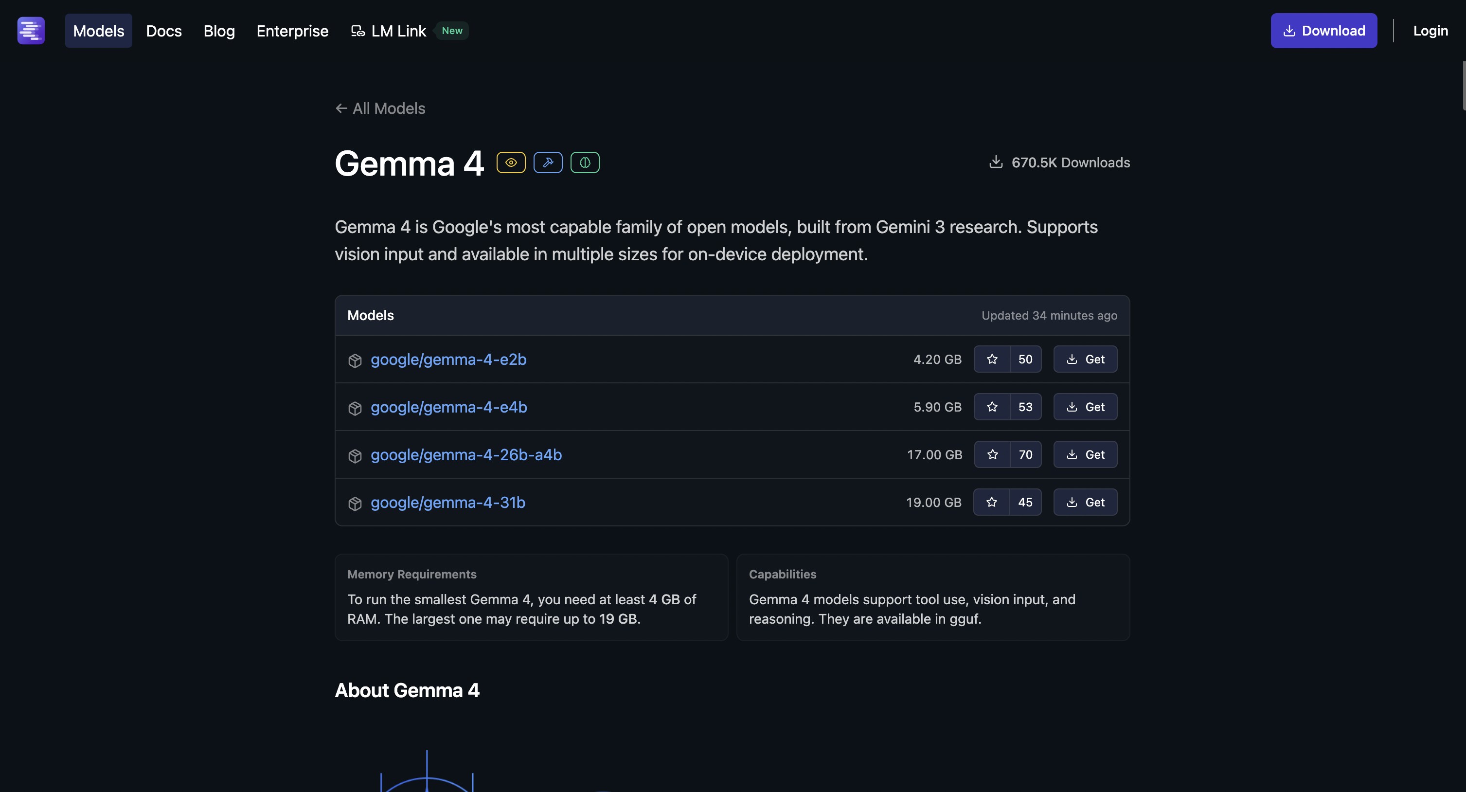 Gemma 4 models listed on the LM Studio website