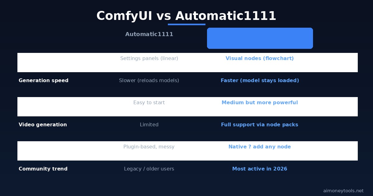 ComfyUI vs Automatic1111 — feature comparison 2026