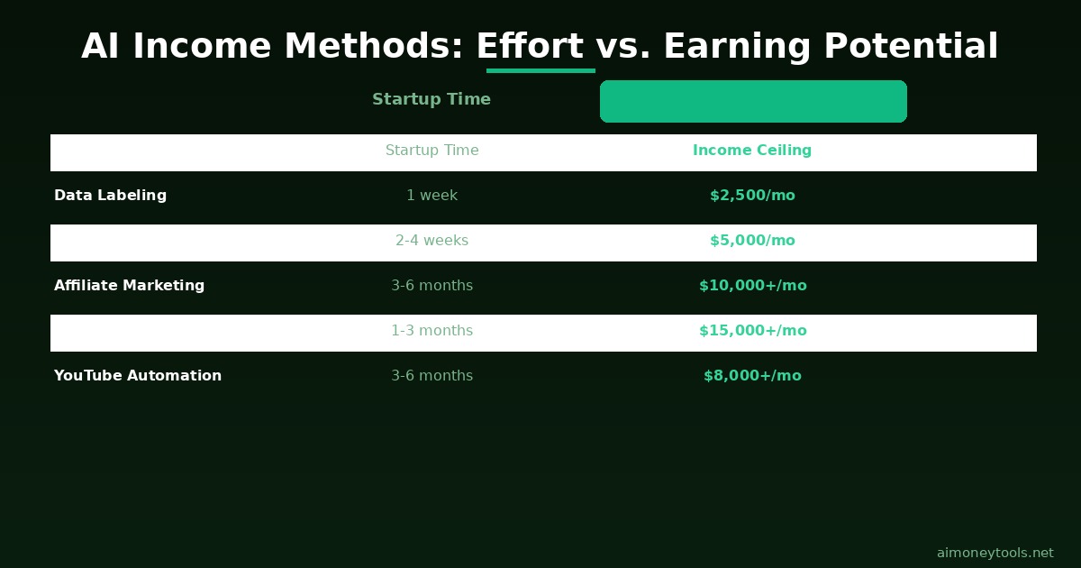 AI income methods — effort vs earning potential comparison