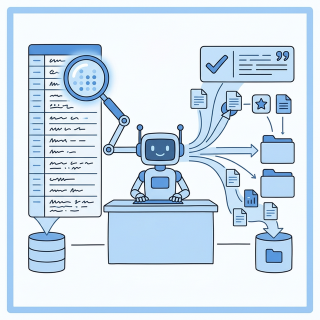 A 2D vector infographic showing Citation Optimization with a data table being extracted by an AI