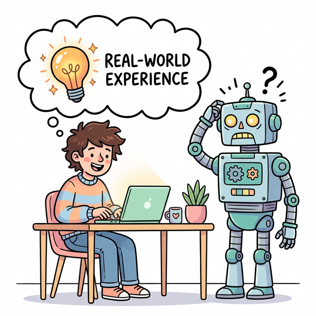 A 2D vector infographic showing a human creator with real-world experience next to a confused robot