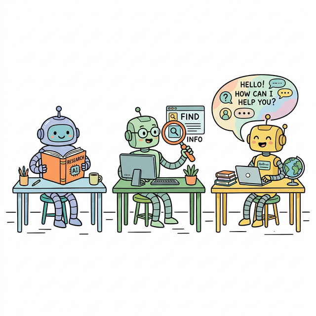 A 2D vector infographic showing three distinct AI chatbots representing different Answer Engines