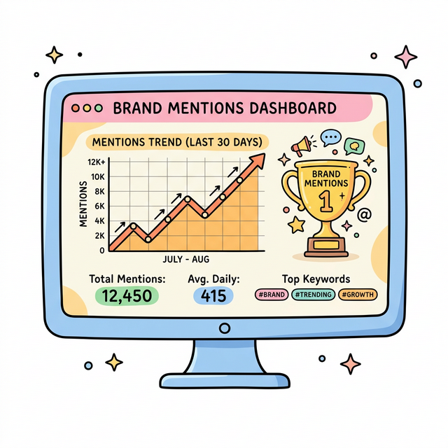 A 2D vector infographic showing an analytics dashboard with Brand Mentions trending upward