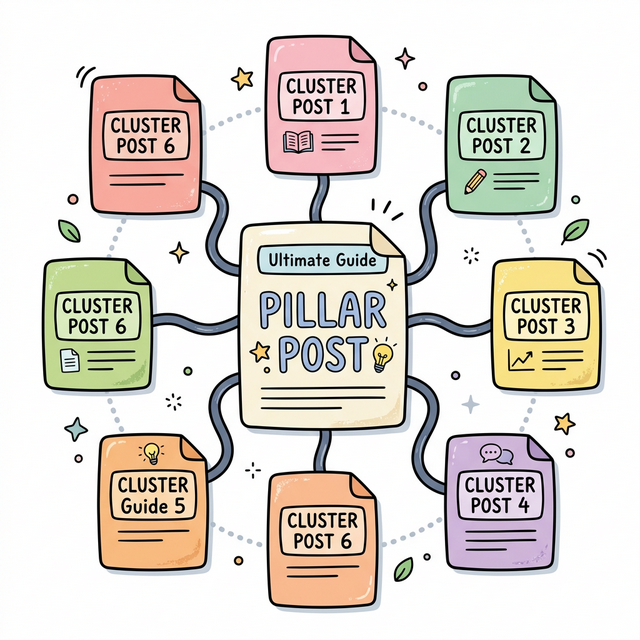 A 2D vector infographic showing a central Pillar post connected to smaller Cluster posts in a web-like structure