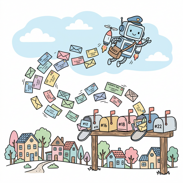 A robot flying through the air dropping personalized business letters into mailboxes
