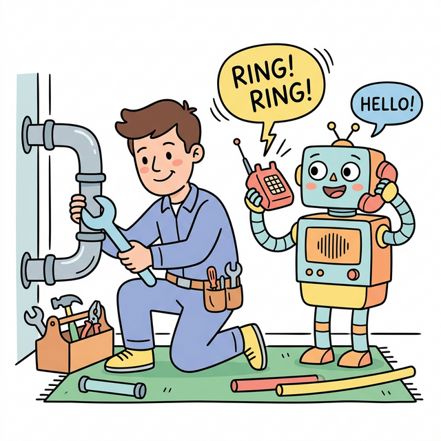 A friendly robot answering a ringing phone while a human plumber works on a pipe