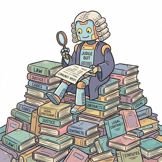 A robot wearing a judge wig sitting on a huge mountain of law books reading a contract