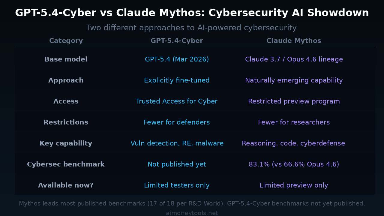 GPT-5.4-Cyber vs Claude Mythos comparison — capabilities, access, and benchmark scores