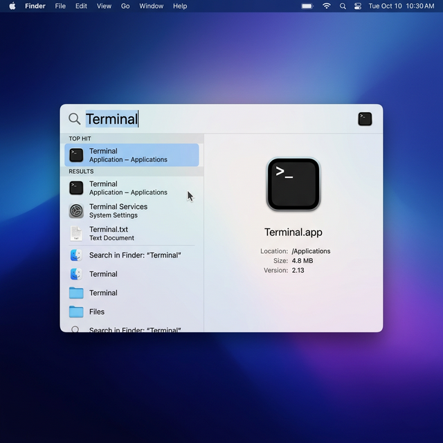 Opening Terminal on macOS using Spotlight Search — just press Cmd+Space and type "Terminal"