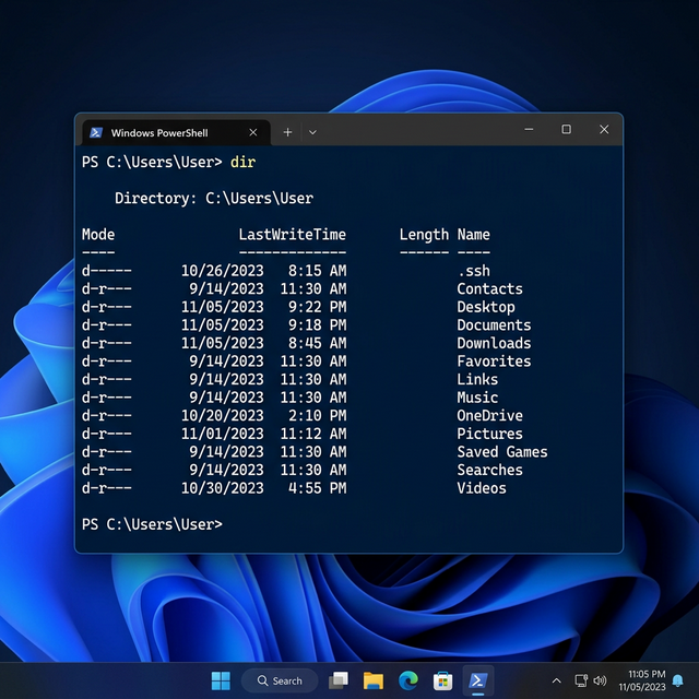 Windows PowerShell — the default terminal on Windows with a blue background