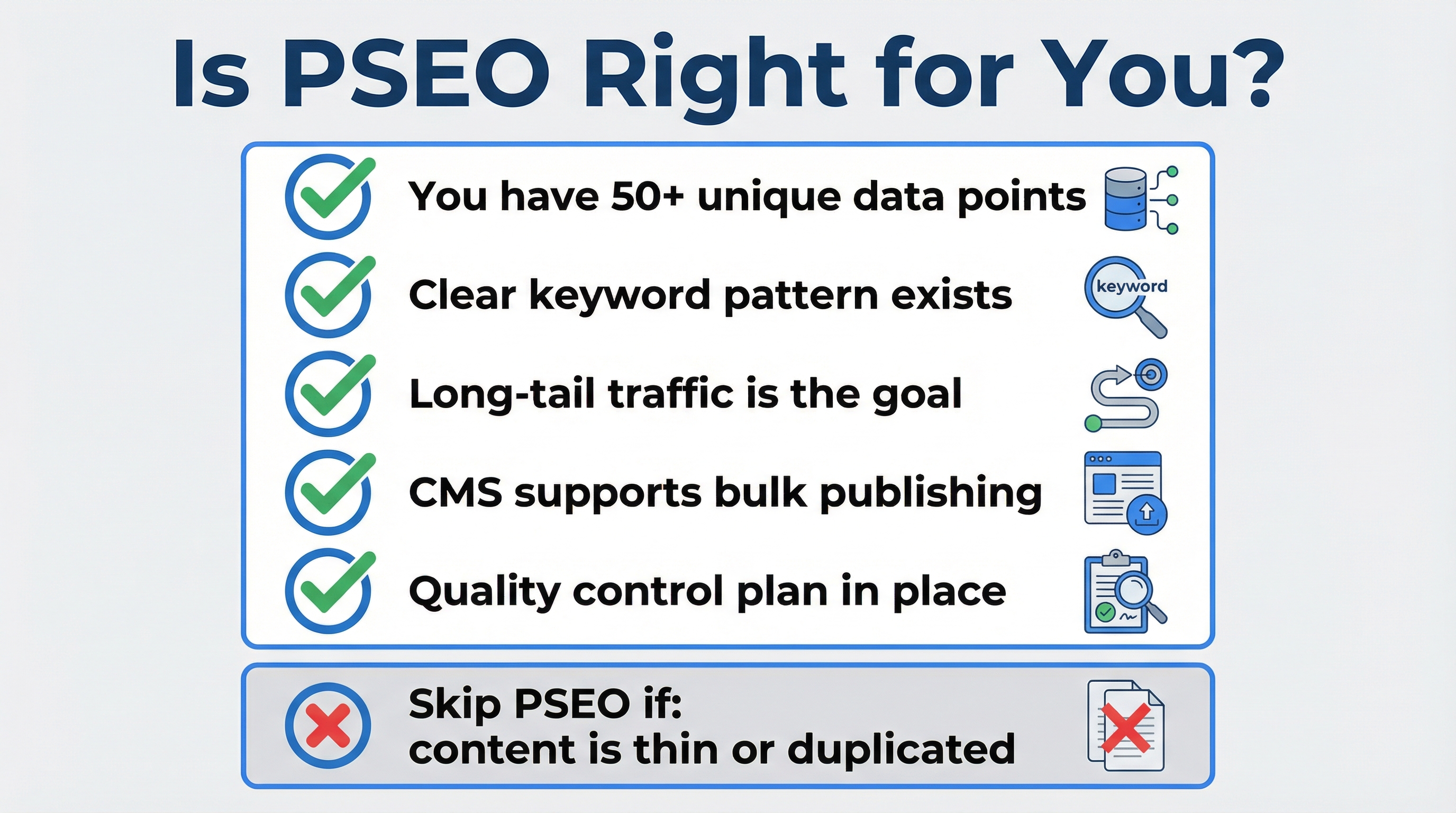 PSEO implementation checklist showing 5-step process for starting programmatic SEO in 2026